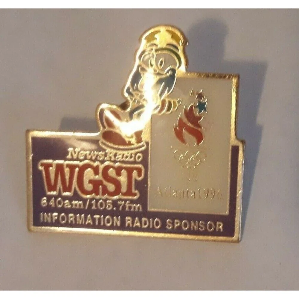 WGST News Radio Olympic Pin 1996 Atlanta Enamel Lapel Tack Sponsor IZZY mascot